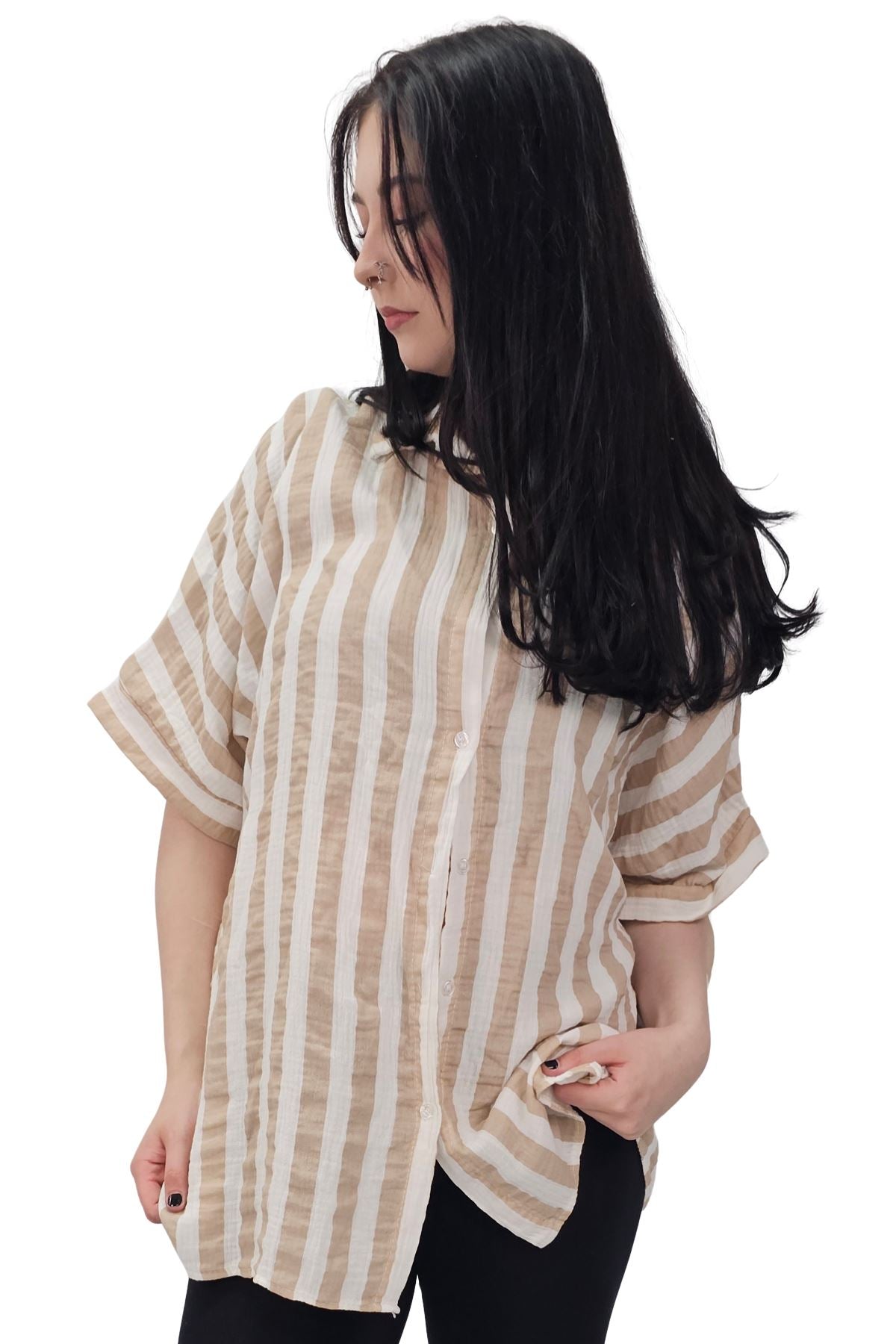 Vertical Stripes Print Front Button Down Cotton Shirt