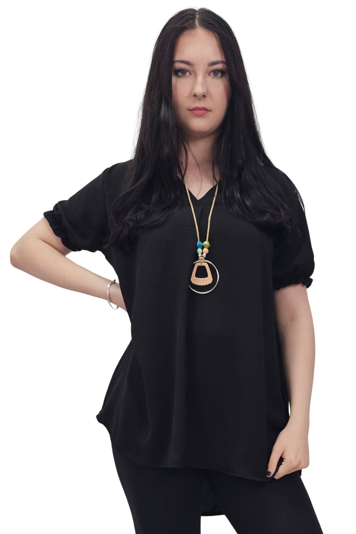 Plain Short Puff Sleeves Necklace Top