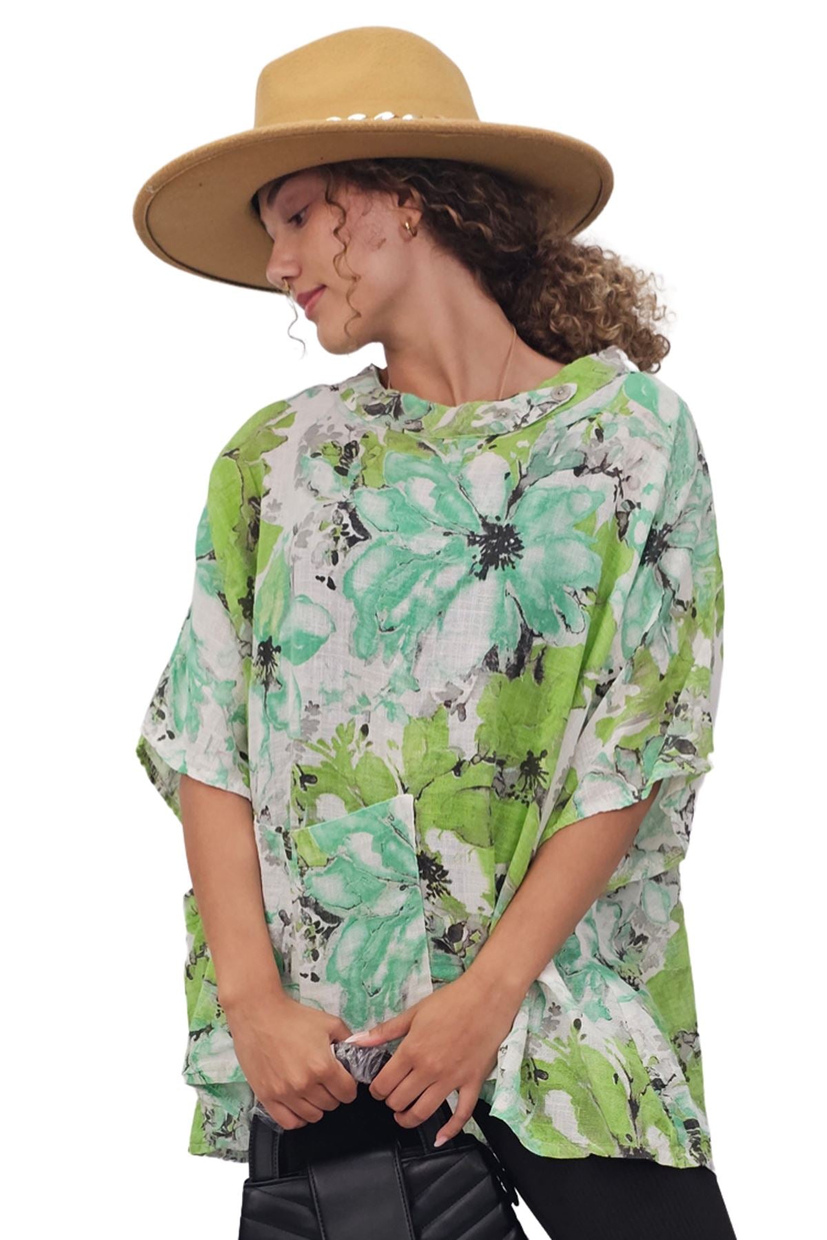 All-Over Floral Print Neck Button Top