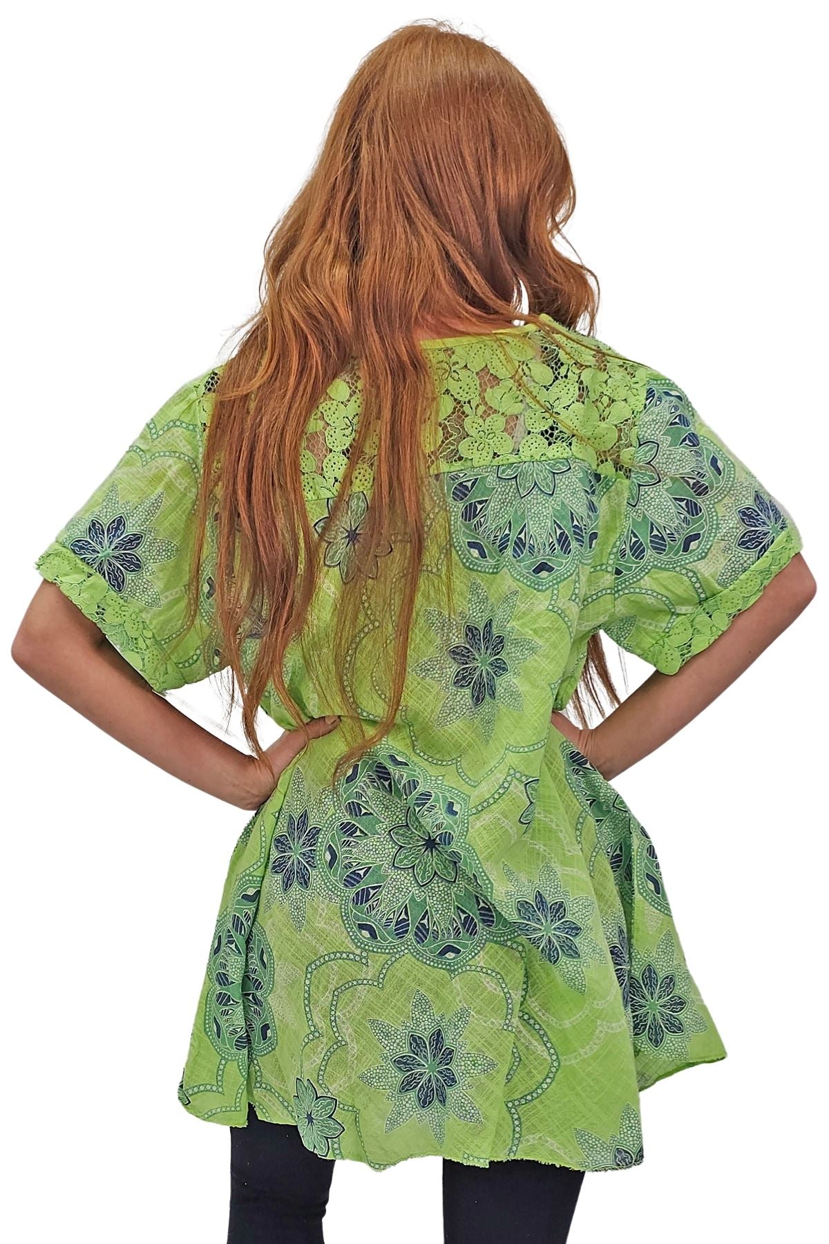 Intricate Floral Geometric Pattern Lace Detail Cotton Top