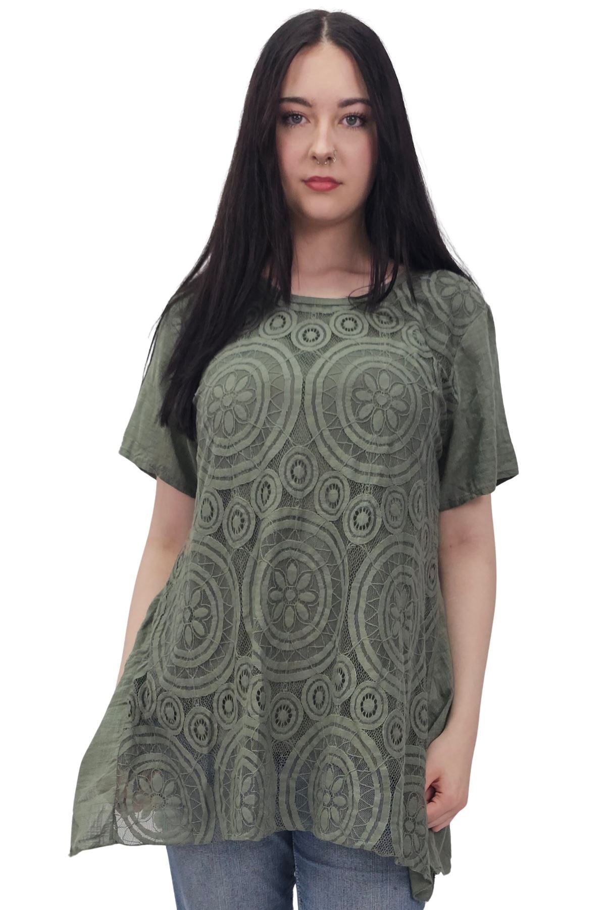 Circular Geometric Pattern Side Slit Cotton Top