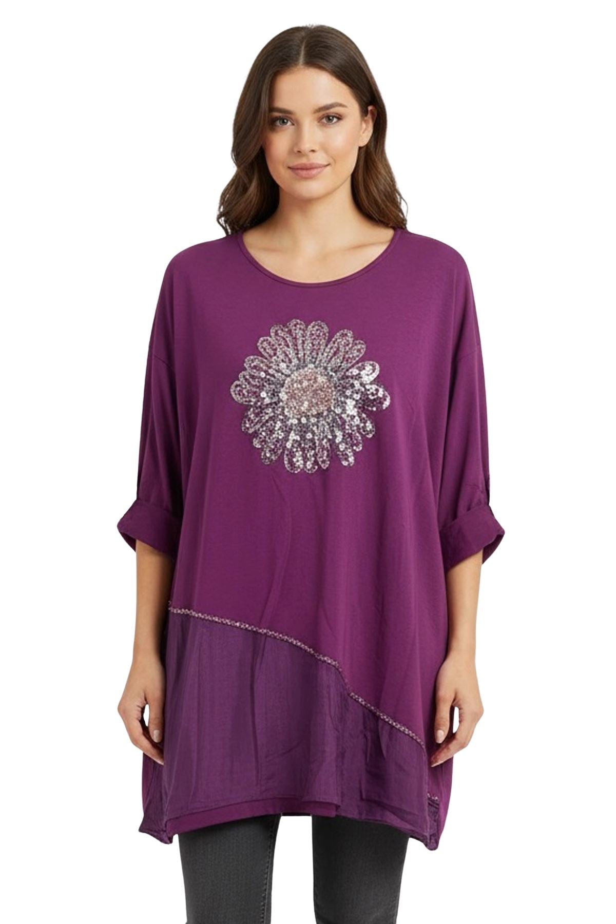 sequin floral oversized cotton top
