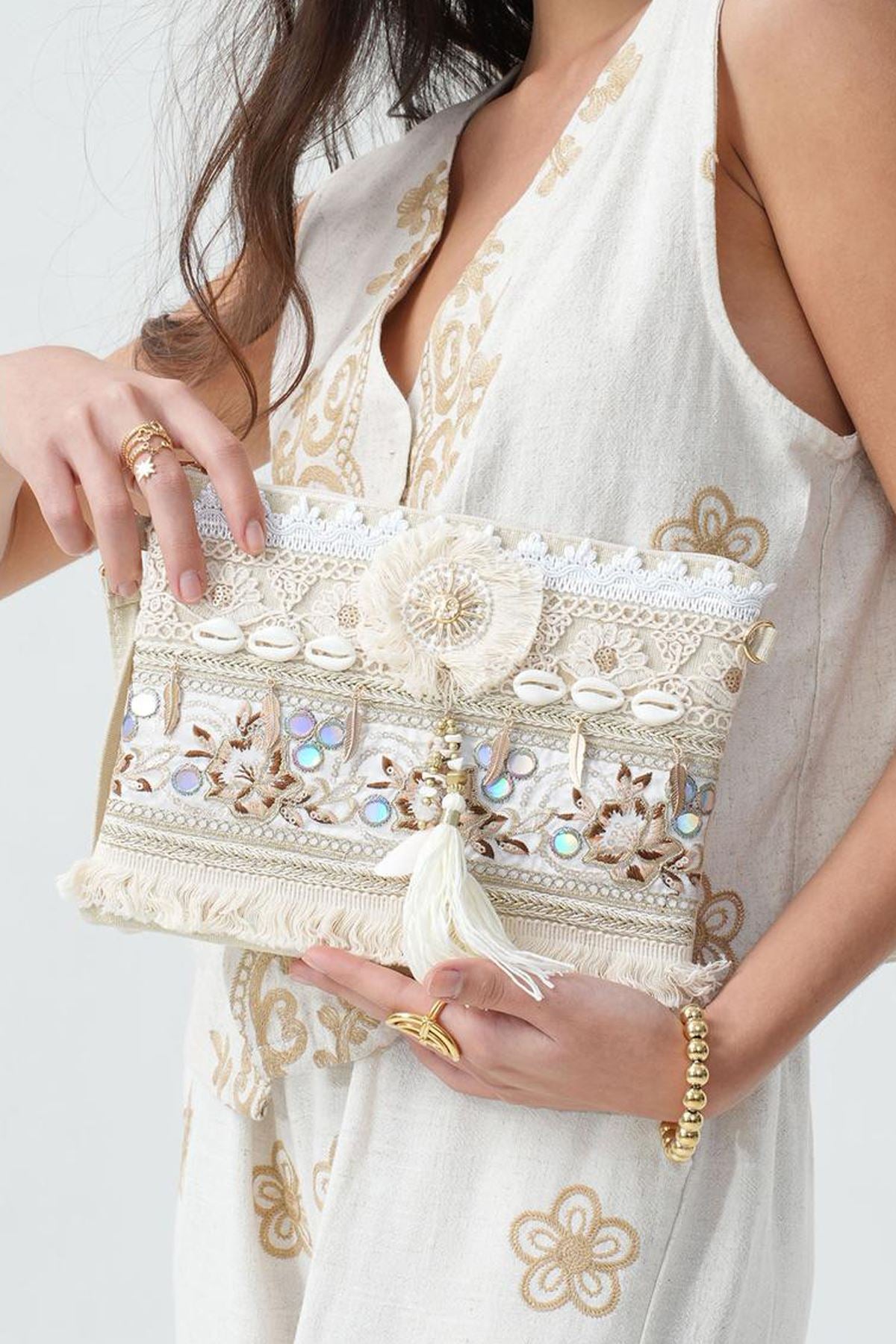 Bohemian Embroidered Shell & Tassel Clutch Bag