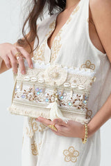 Bohemian Embroidered Shell & Tassel Clutch Bag