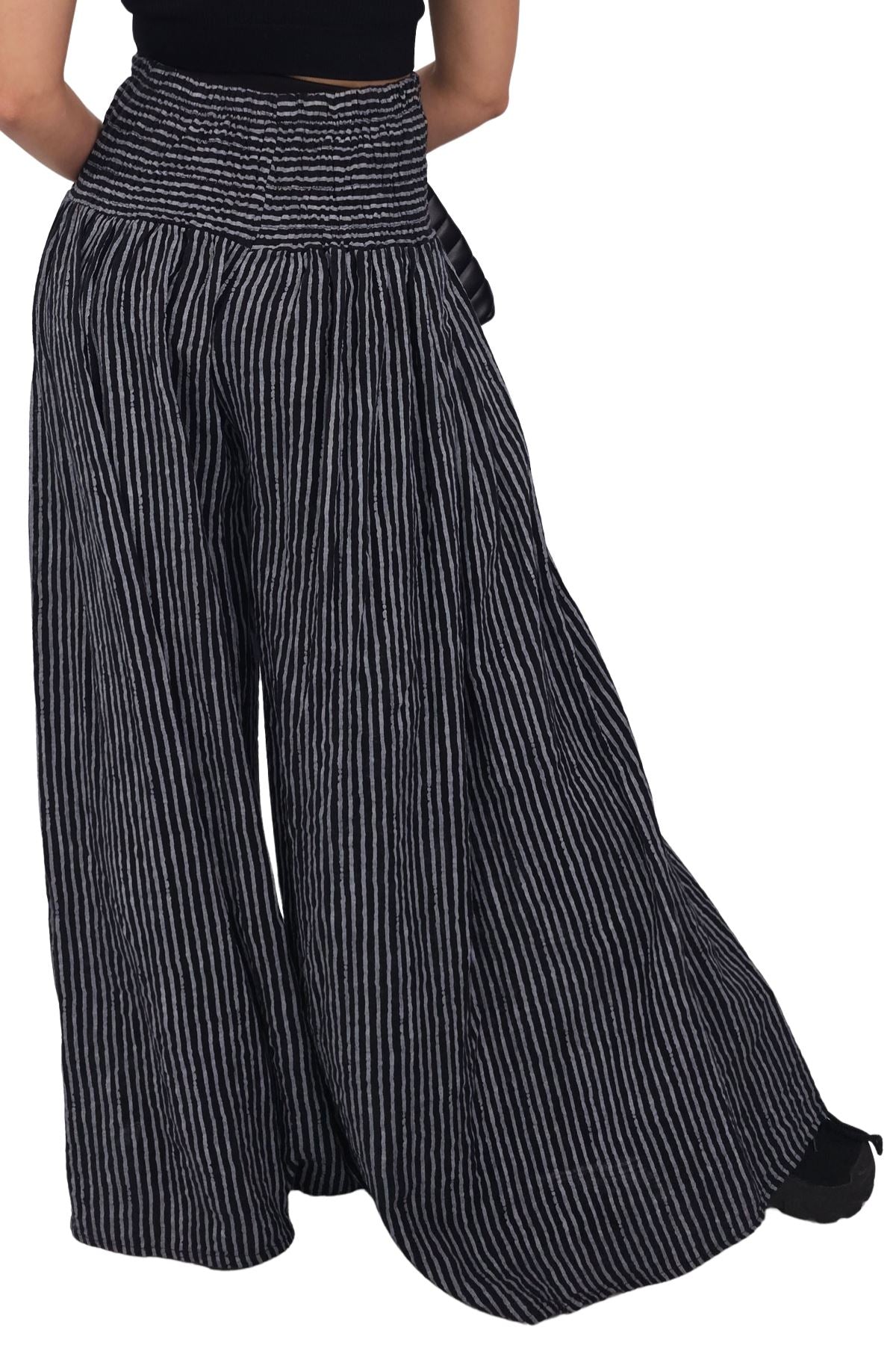 Vertical Stripes Print Smocked Waistband Wide Leg Cotton Palazzo