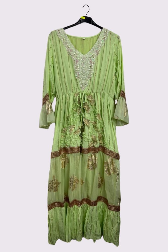 Rose Gold Stripe Pattern Maxi Long Sleeve Ruffle Front Dress