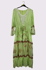 Rose Gold Stripe Pattern Maxi Long Sleeve Ruffle Front Dress