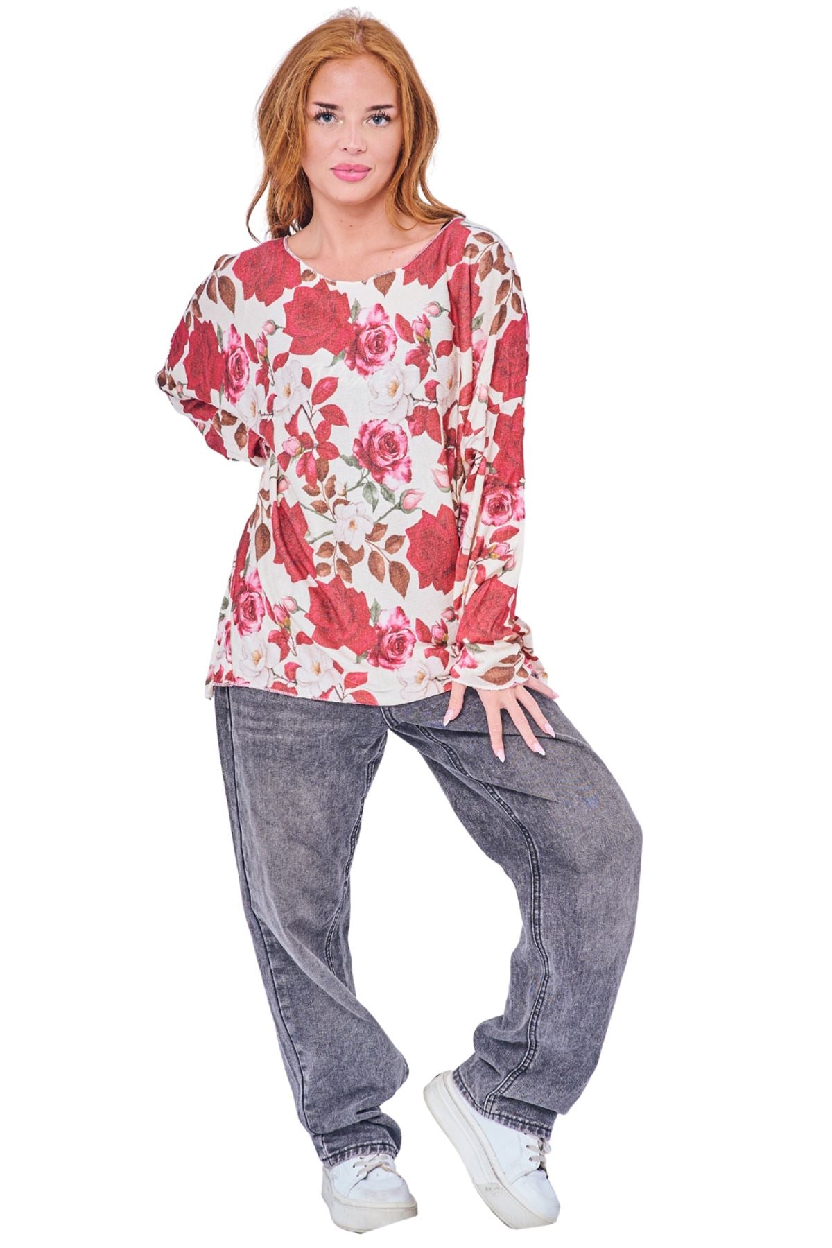 Rose Flower Print Soft Knit Top