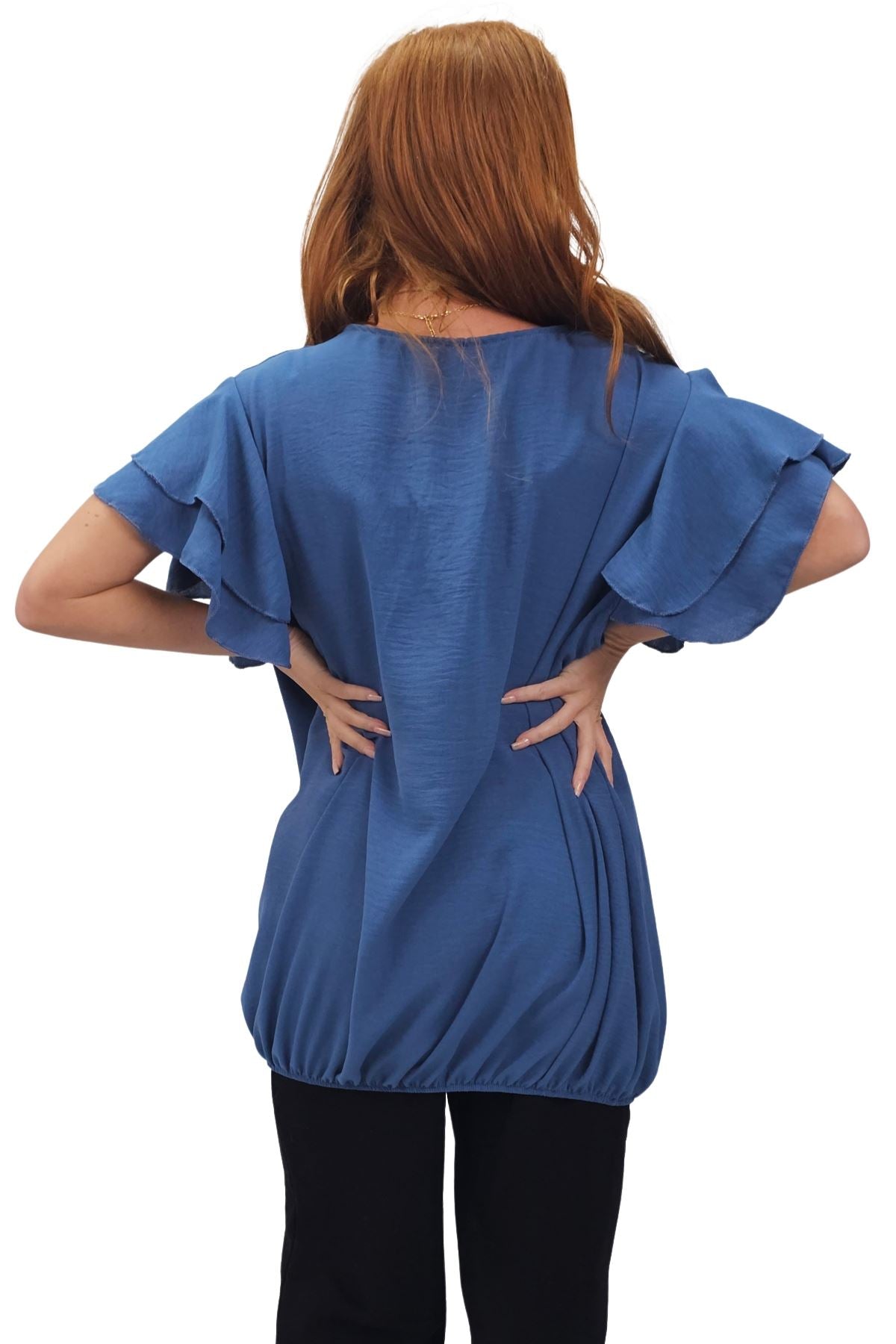 Plain Flutter Sleeves Elastic Hemline Top