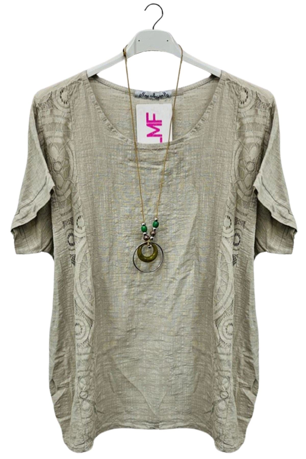 Plain Textured Side Panel Necklace Cotton Top