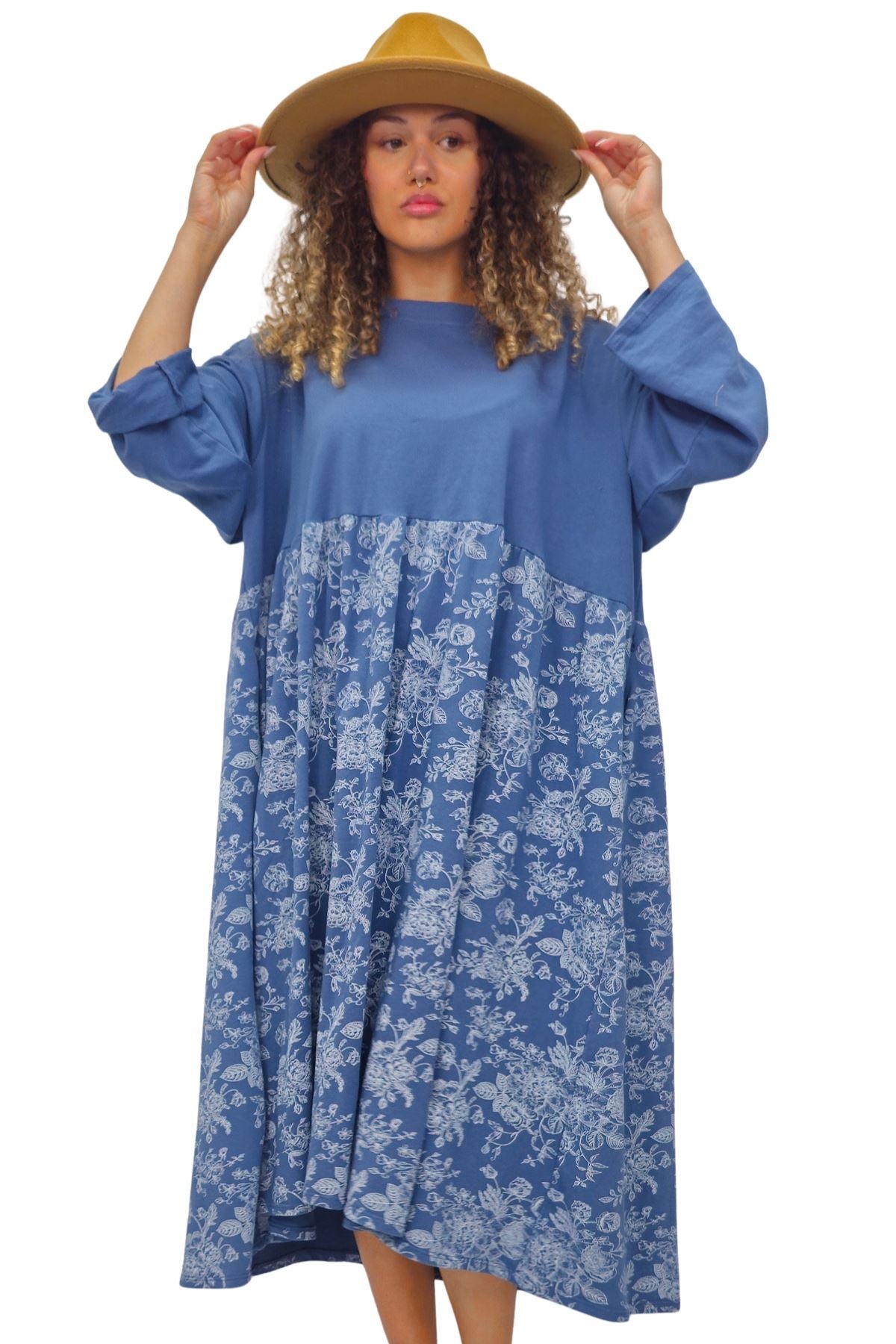 Two Tone Floral Print Baggy Long Style Cotton Dress