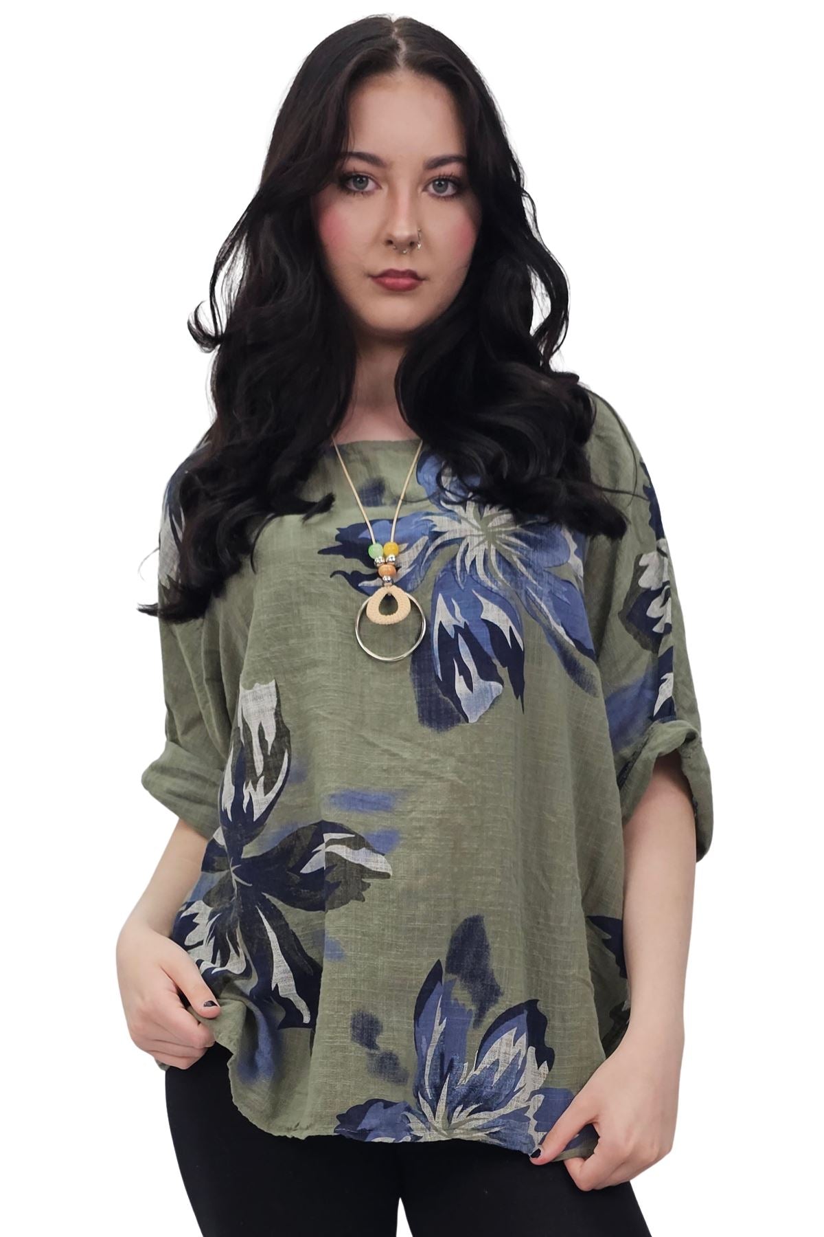 Floral Print Tunic Necklace Cotton Top