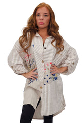 Vertical Stripes Polka Dot Print Full Front Buttons Linen Shirt