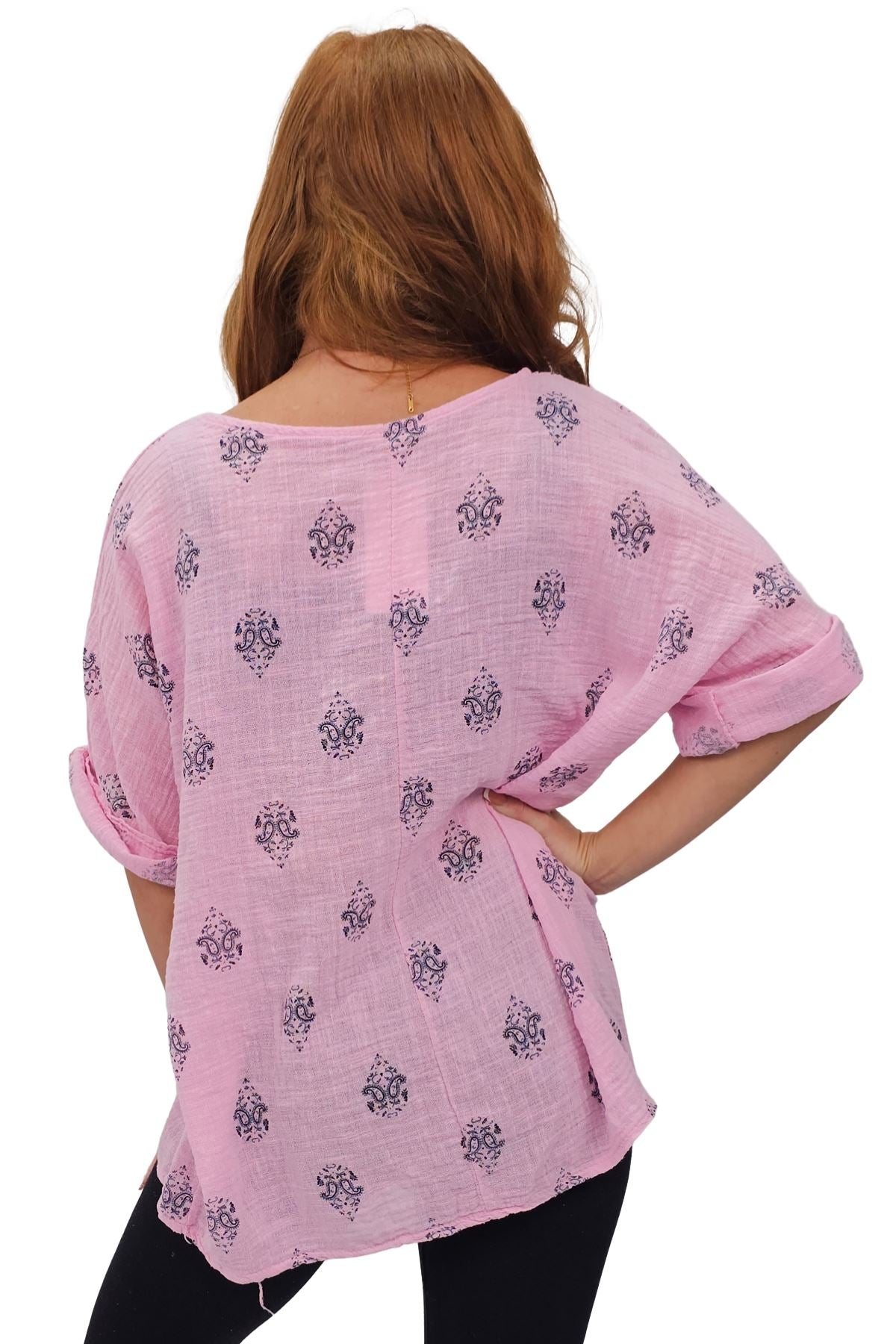 Block Print-Style Motifs Tunic Silhouette Cotton Top