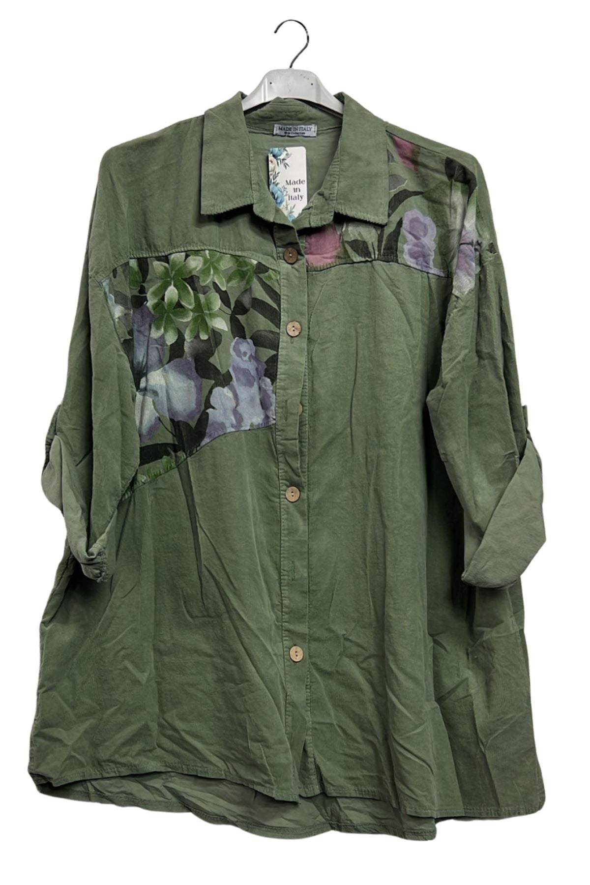 Abstract Floral Patch Print Button-Up High Low Hem Cotton Shirt