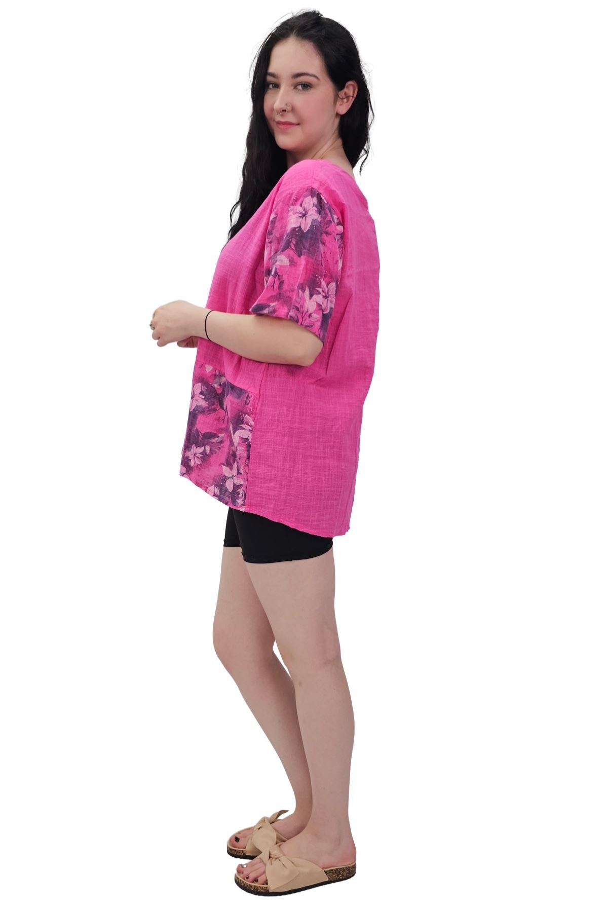 Floral Print Necklace Oversized Tunic Cotton Top