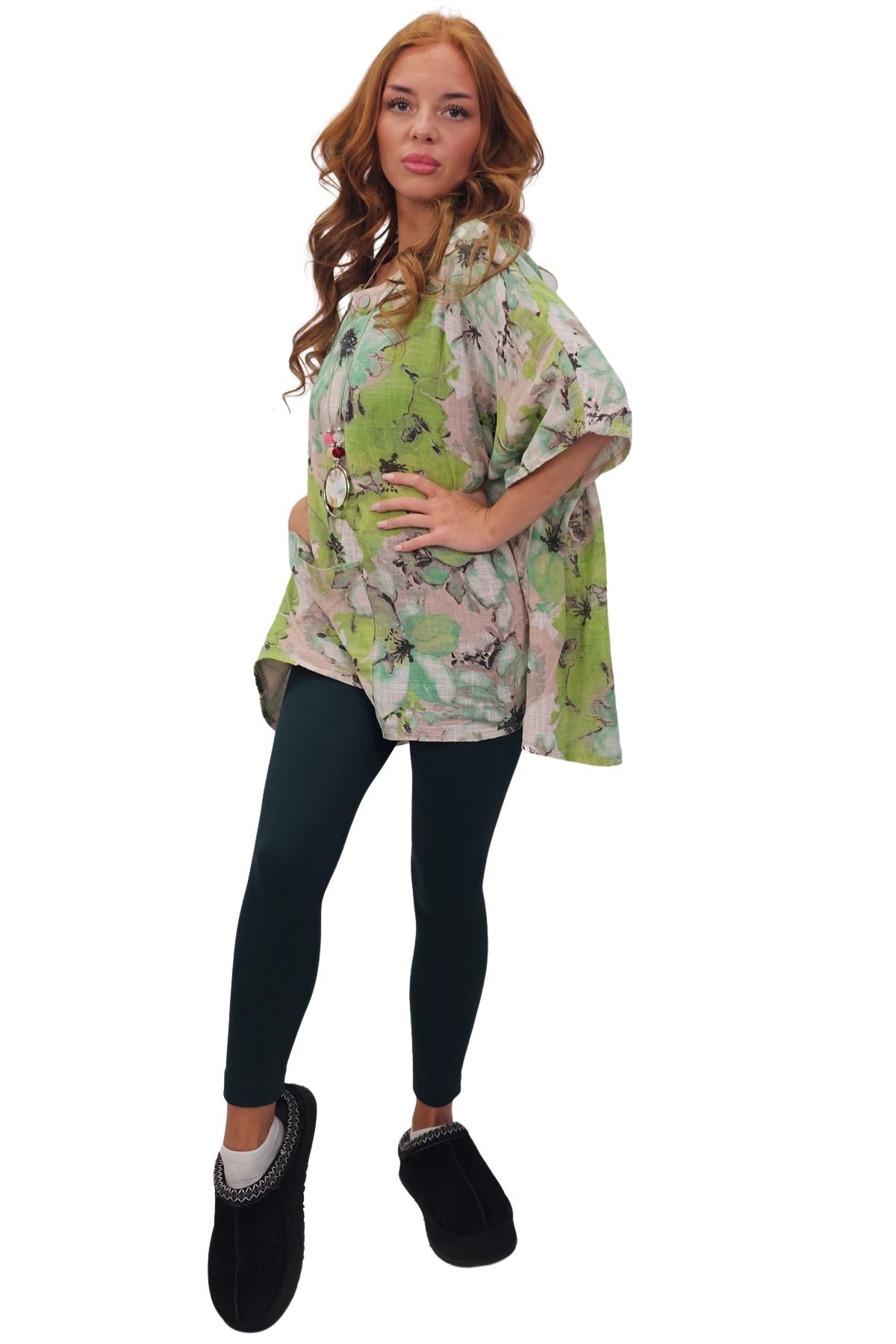 All-Over Floral Print Neck Button Top