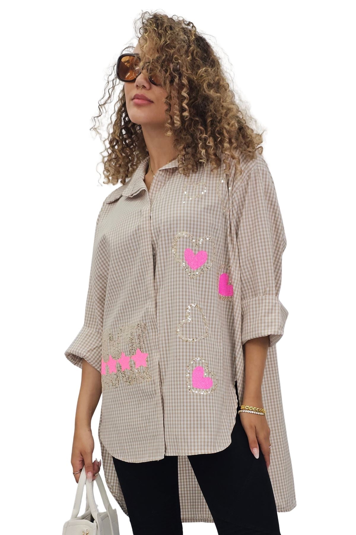 Stripe Rock Heart Star Sequin Motif Cotton Shirt