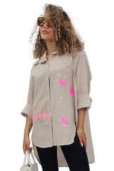 Stripe Rock Heart Star Sequin Motif Cotton Shirt