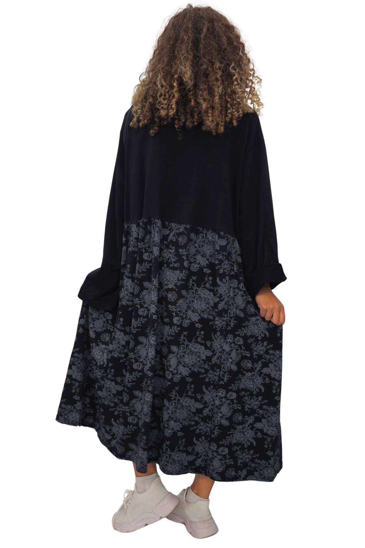 Two Tone Floral Print Baggy Long Style Cotton Dress