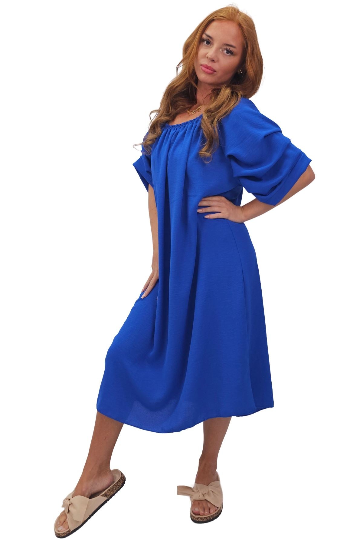 Plain Puff Sleeves Layered Detail Dress