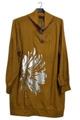 Metallic Foil Flower Pattern Front Zip Cuffed Hem Cotton Top