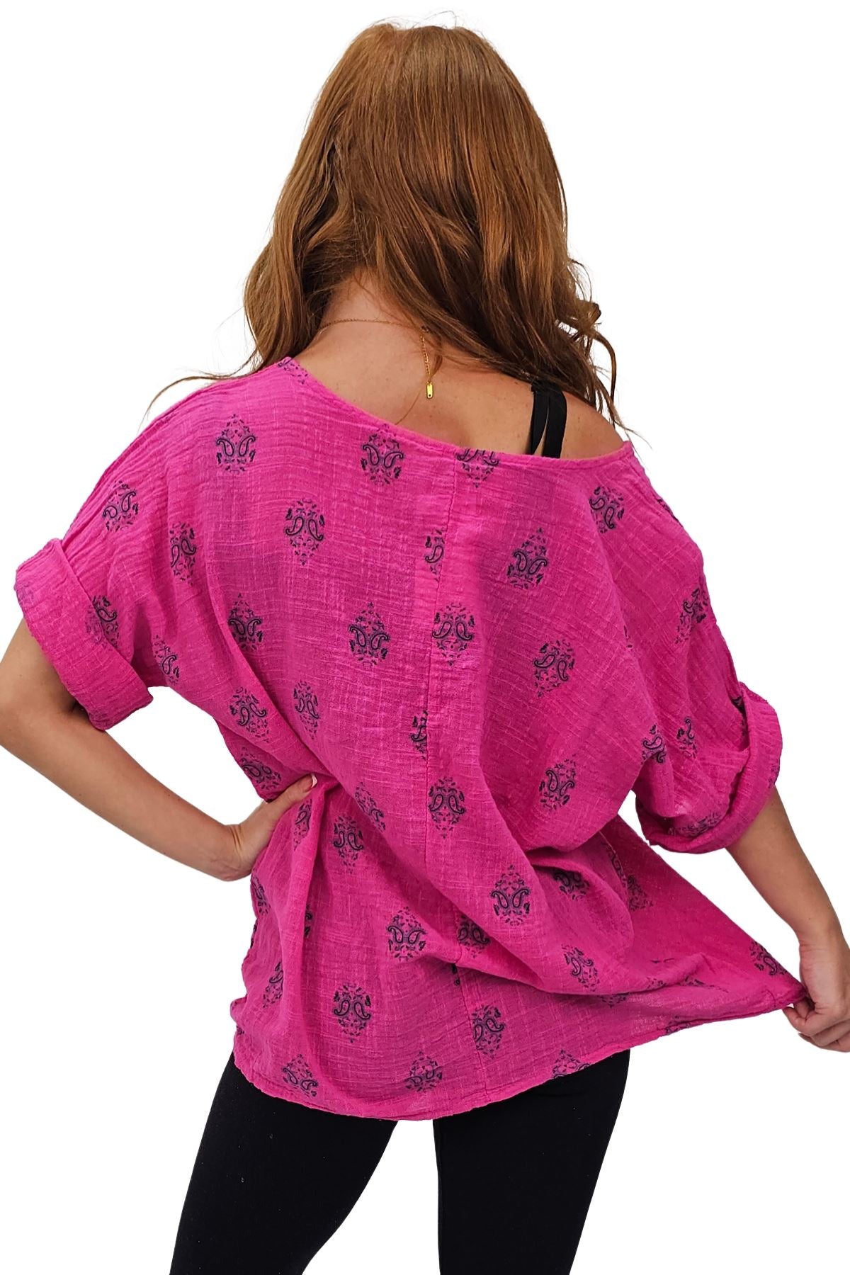 Block Print-Style Motifs Tunic Silhouette Cotton Top