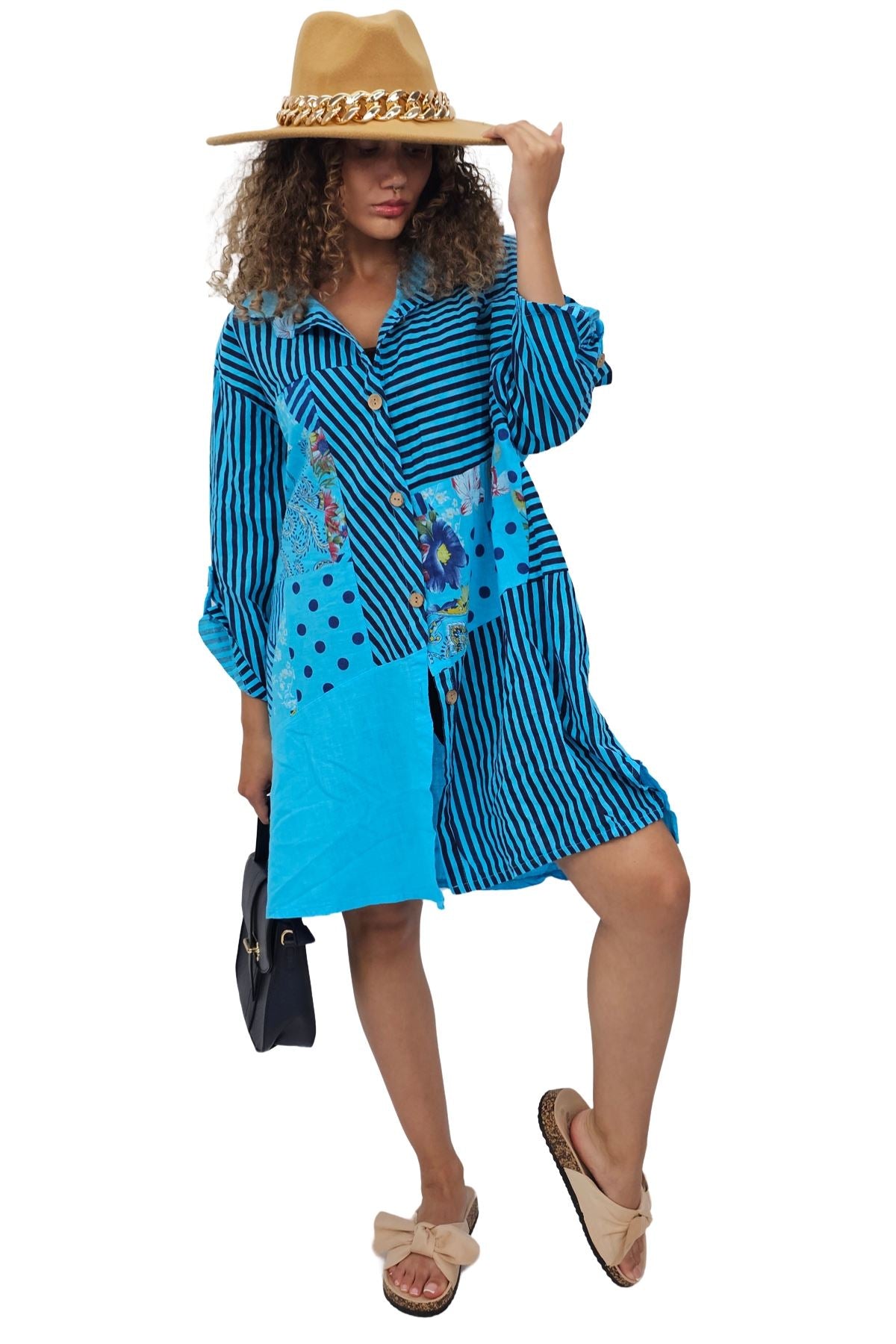 Vertical Stripes Polka Dot Print Full Front Buttons Linen Shirt