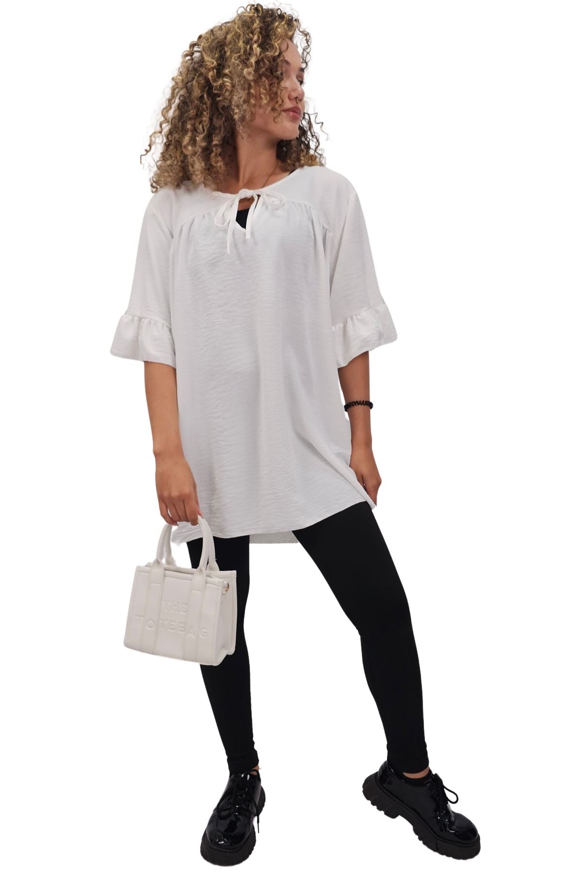 Plain Tie Neck Ruffle Sleeve Top