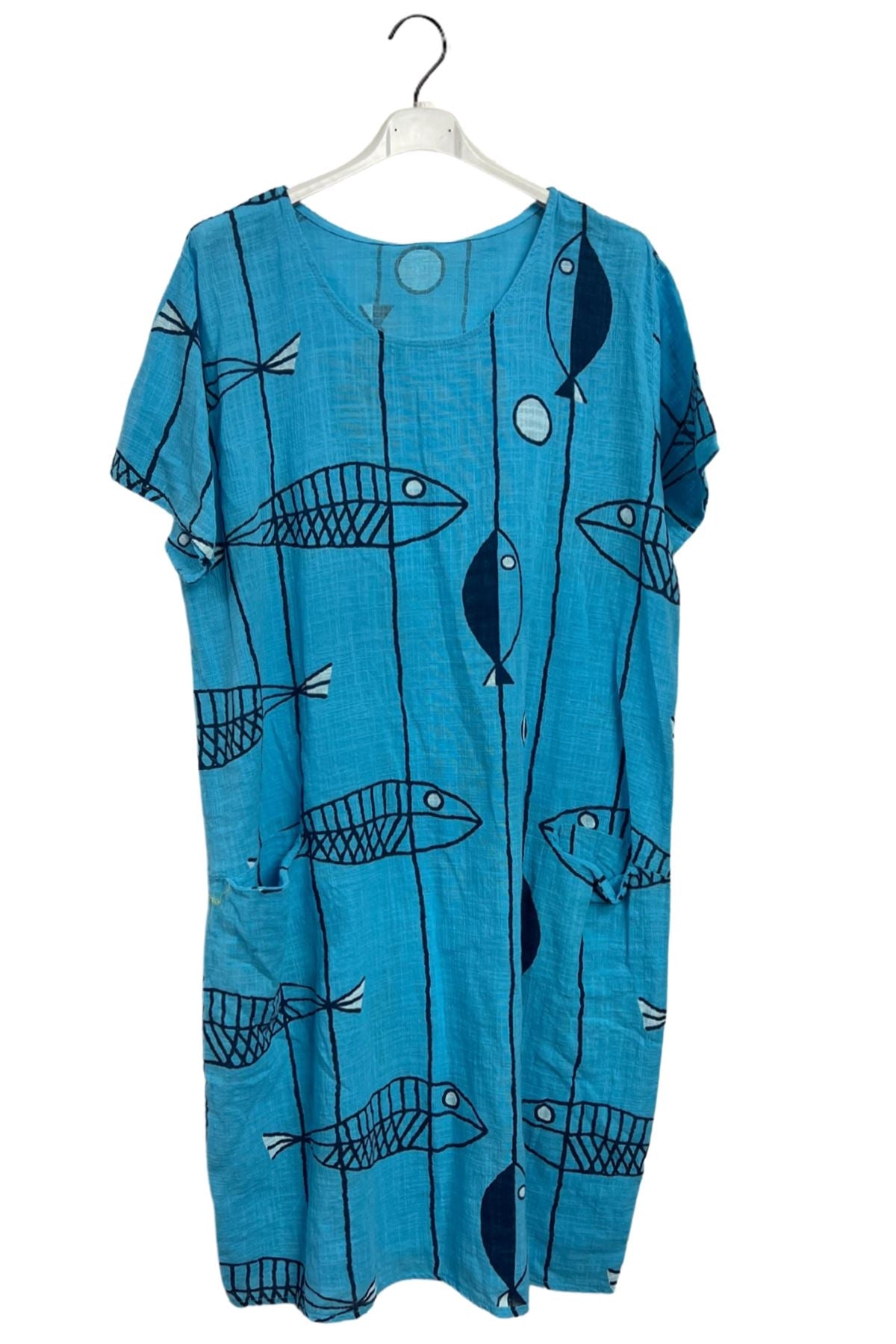Fish Stripe Print Front Two Pockets Cotton Dress