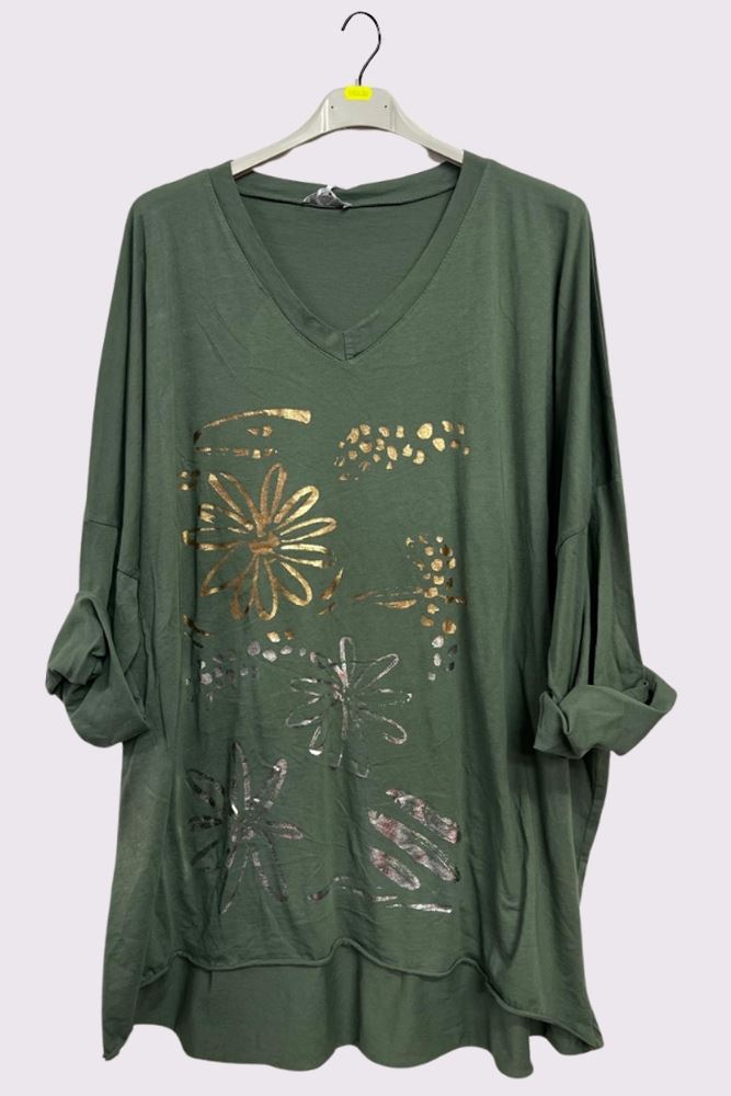 Flower Leopard Foil Print Dip Hem Cotton Top