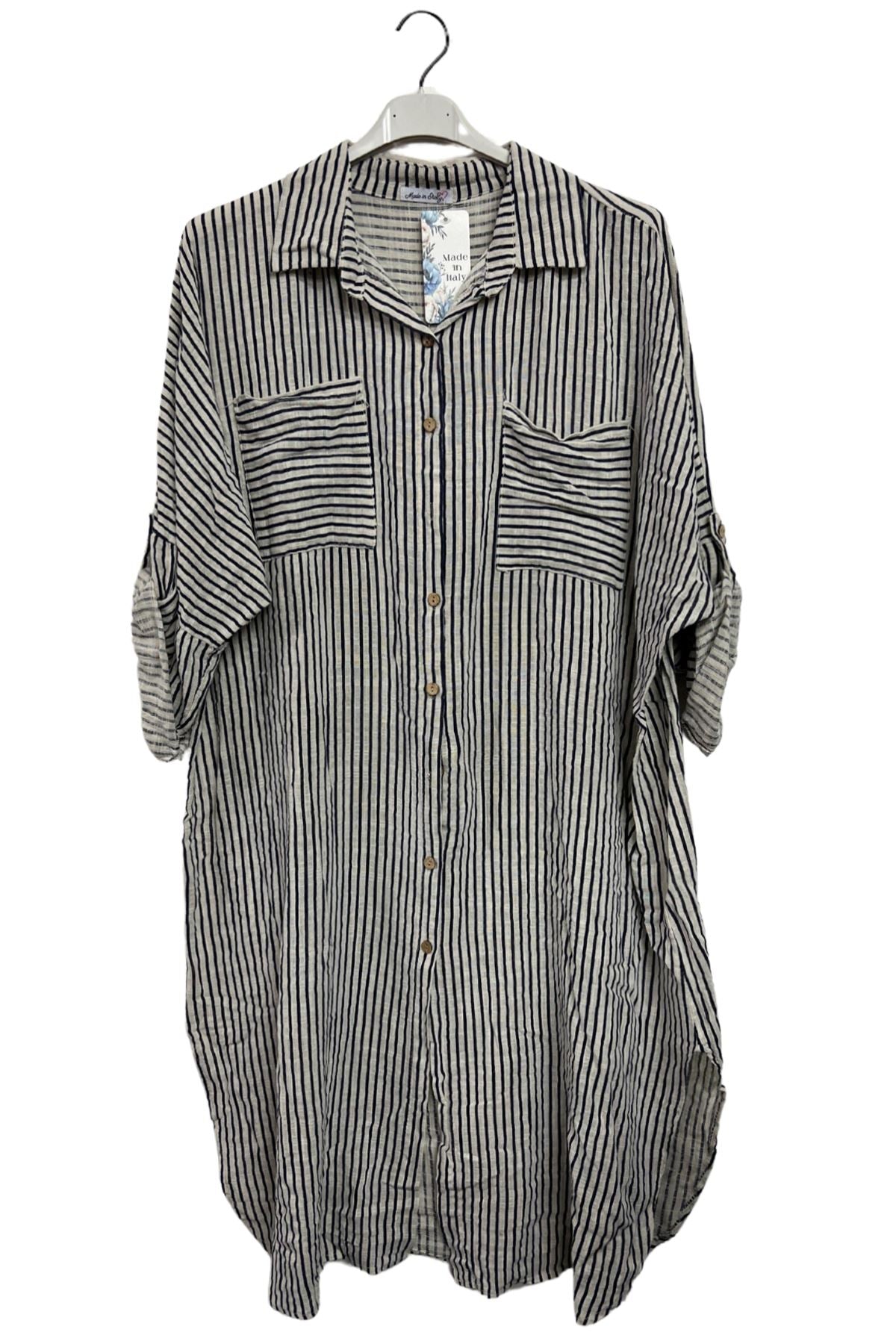 Vertical Pinstripes Print Two Chest Patch Pockets Cotton Dress