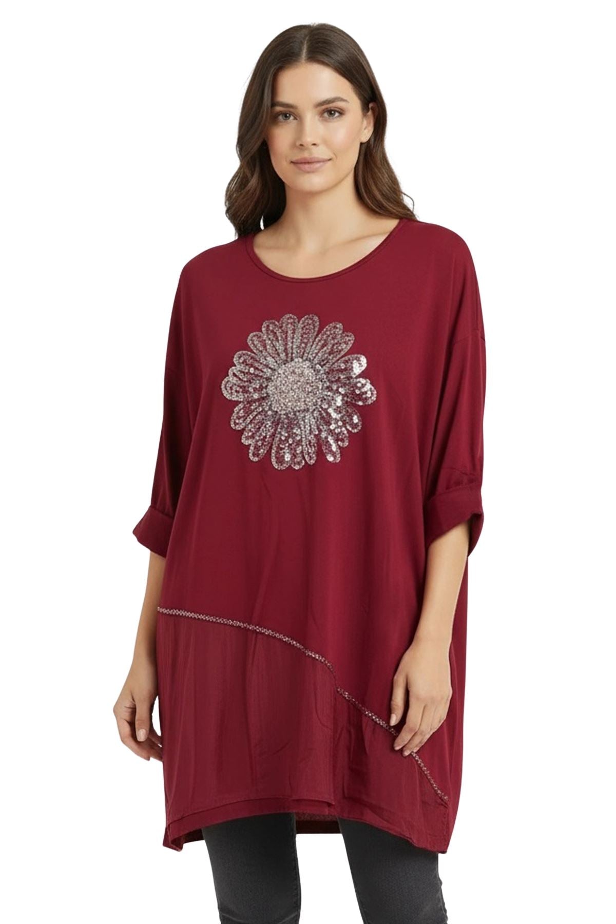 Sequin Floral Pattern Oversized Cotton Top