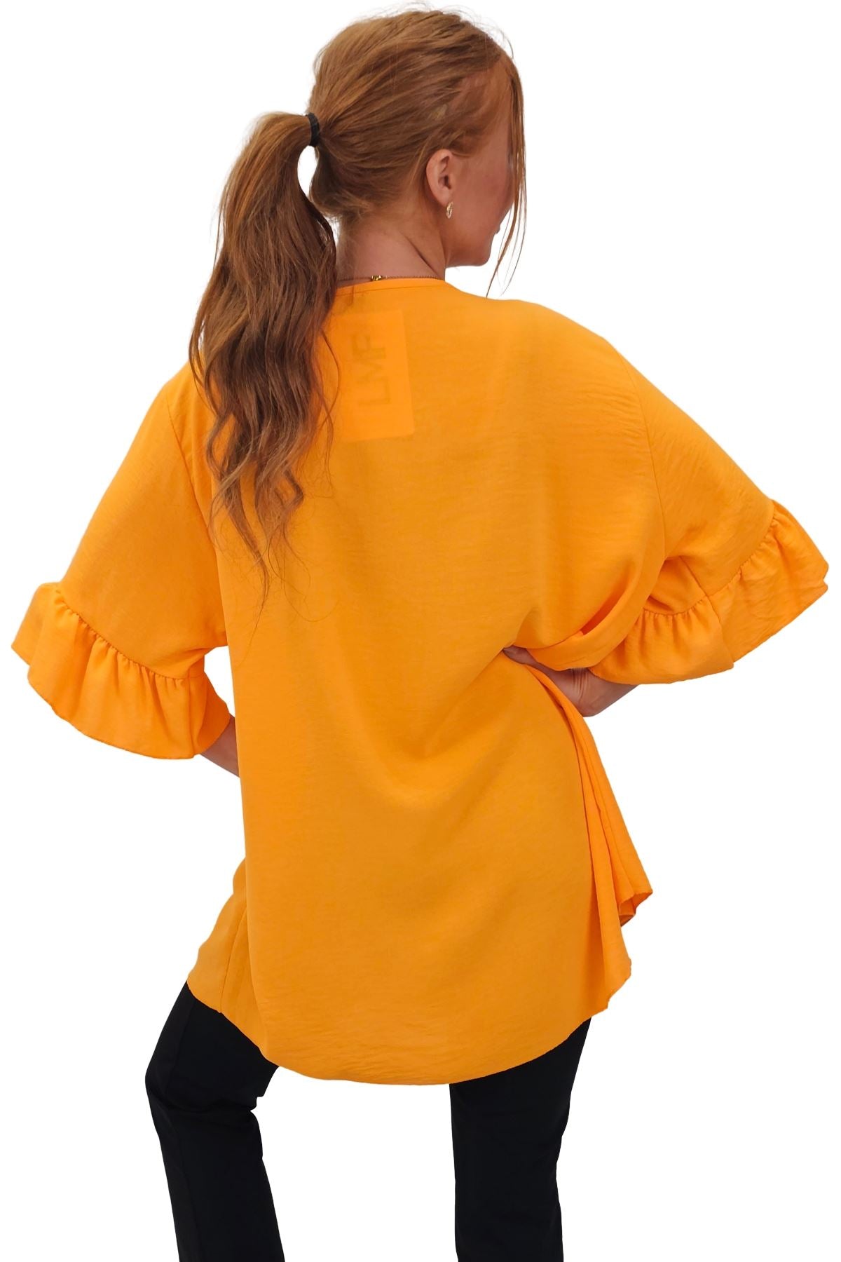 Plain Tie Neck Ruffle Sleeve Top