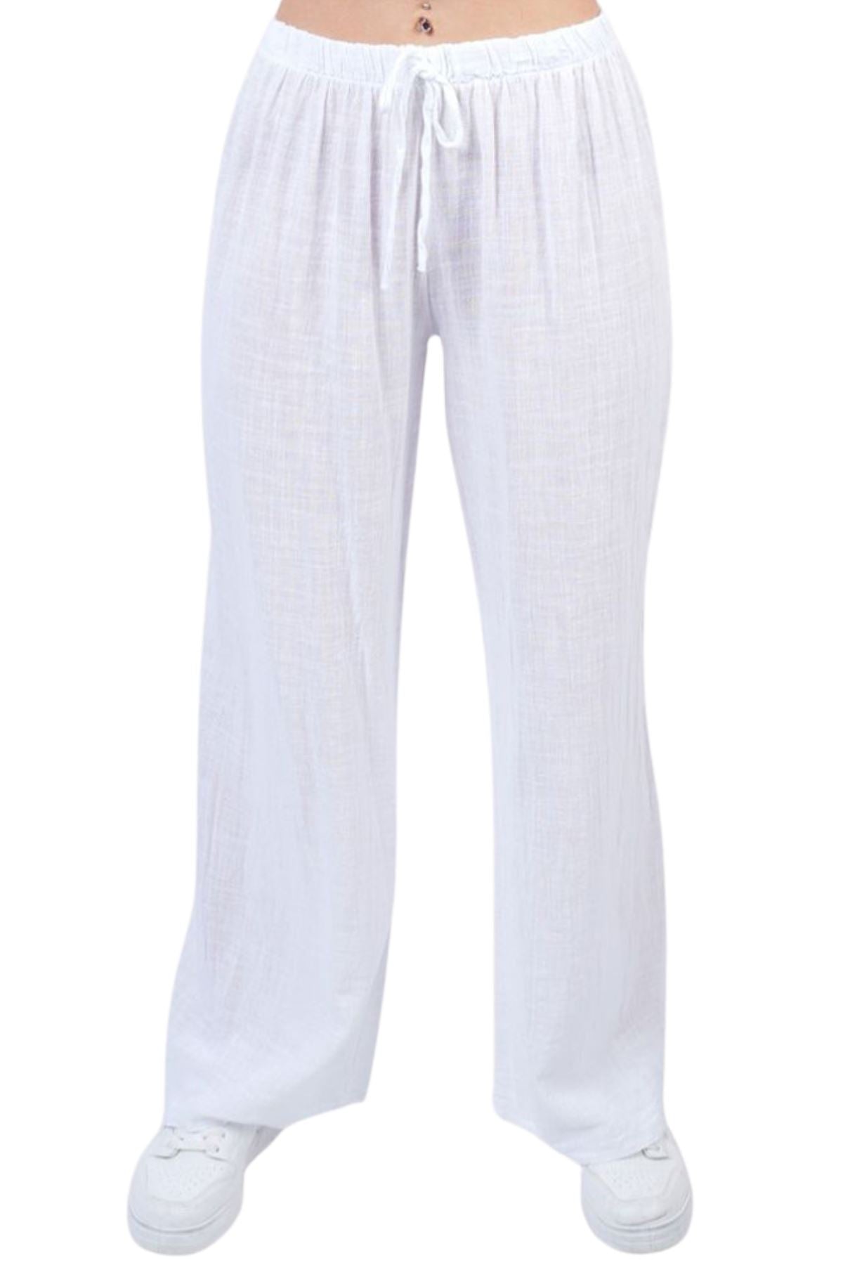 Plain Drawstring Wide Legs Cotton Trousers