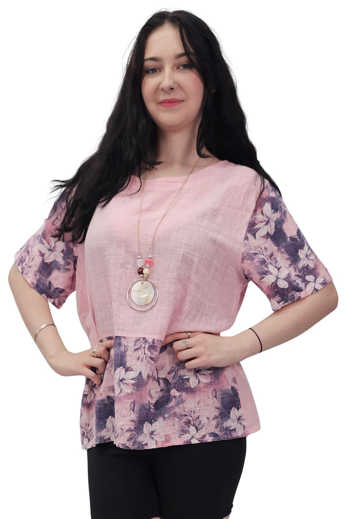 Floral Print Necklace Oversized Tunic Cotton Top