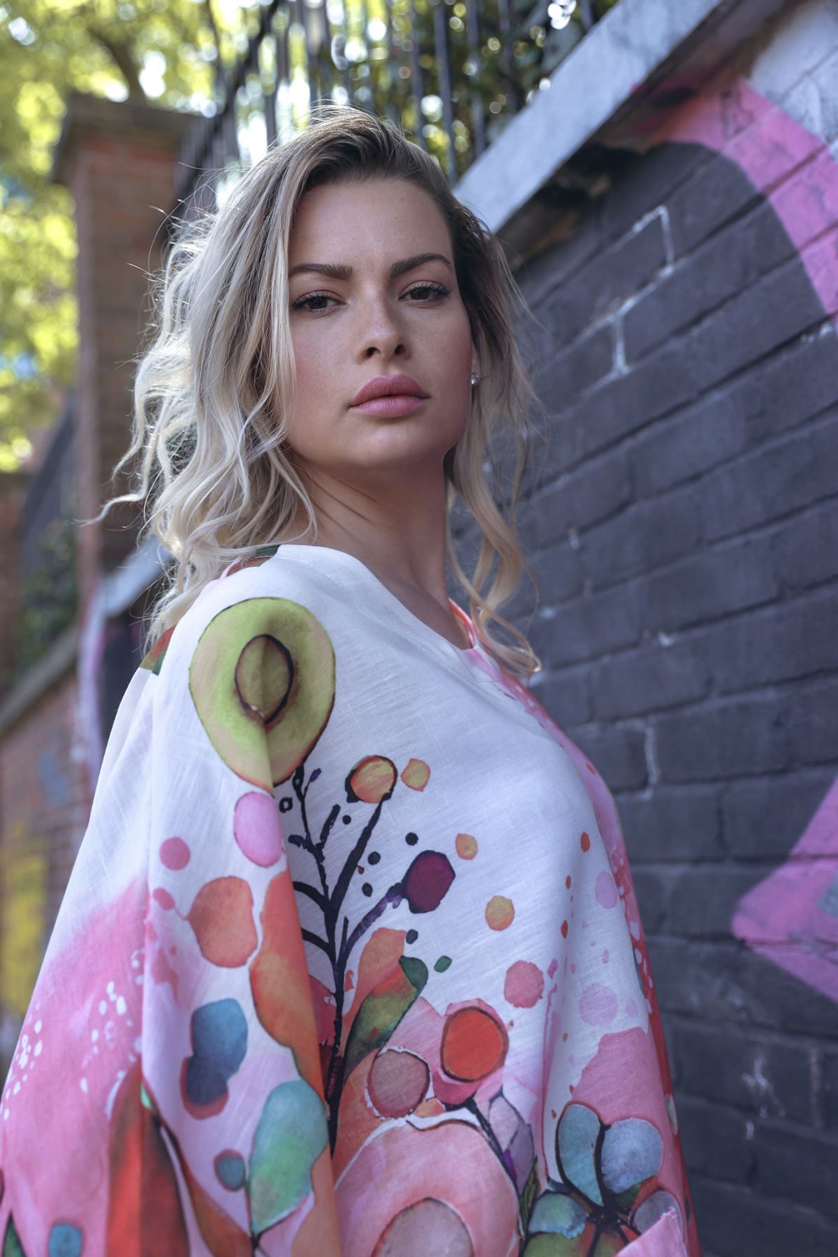 Abstract Watercolour-Style Print Asymmetrical Hemline Cotton Top