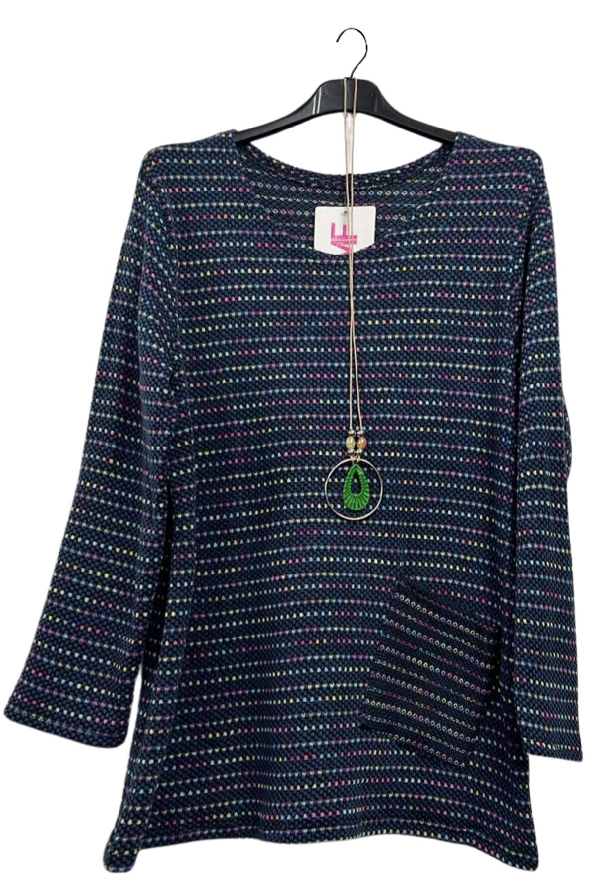 Multicoloured Dots Pattern Soft Knit Front Pocket Top