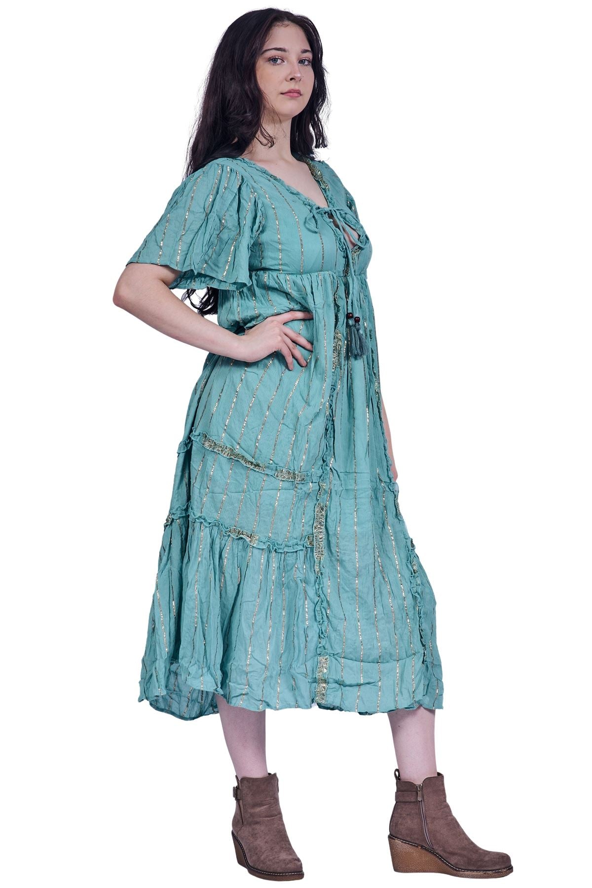 Vertical Metallic Stripe Detailing Pattern Bohemian Chic Dress