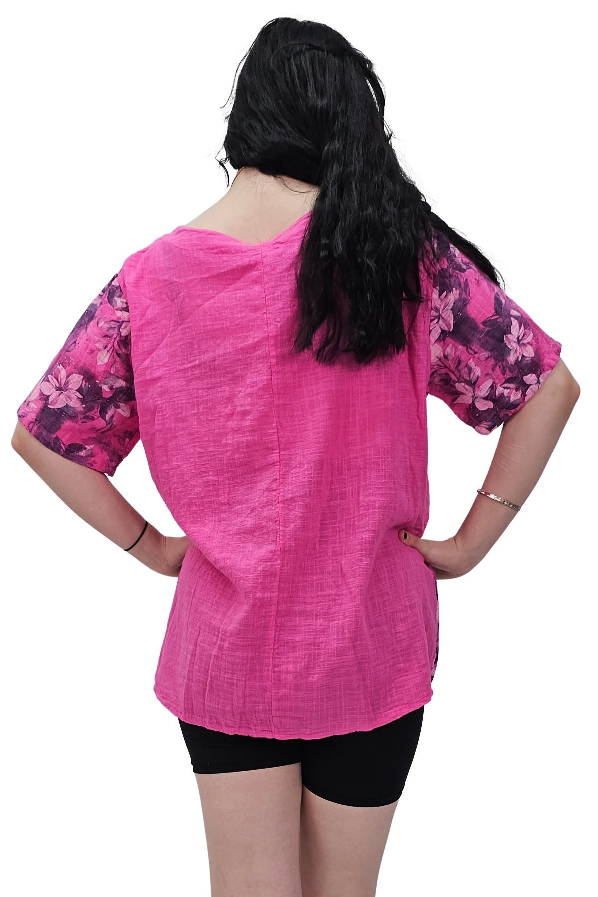 Floral Print Necklace Oversized Tunic Cotton Top
