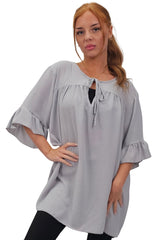 Plain Tie Neck Ruffle Sleeve Top