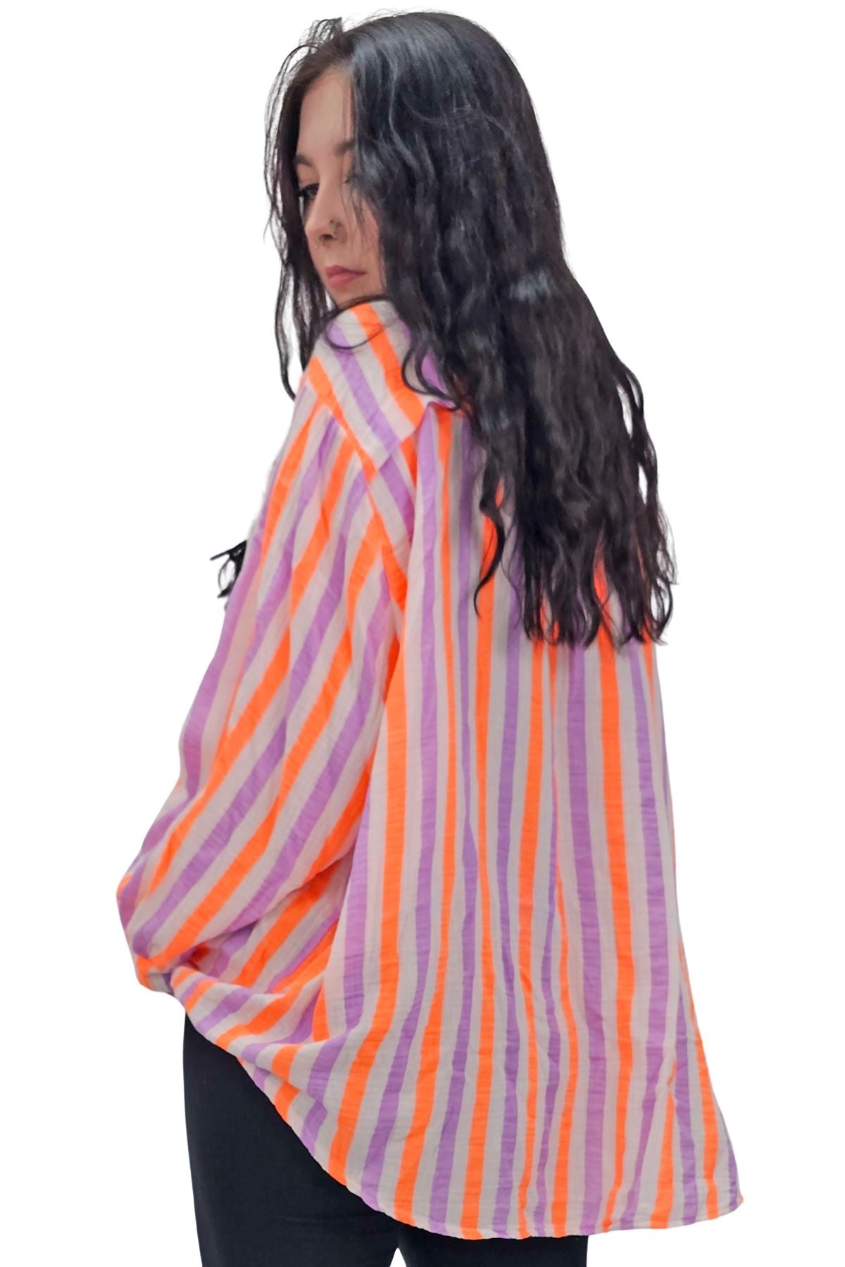 Vertical Stripes In Alternating Shades Button-Down Cotton Shirt