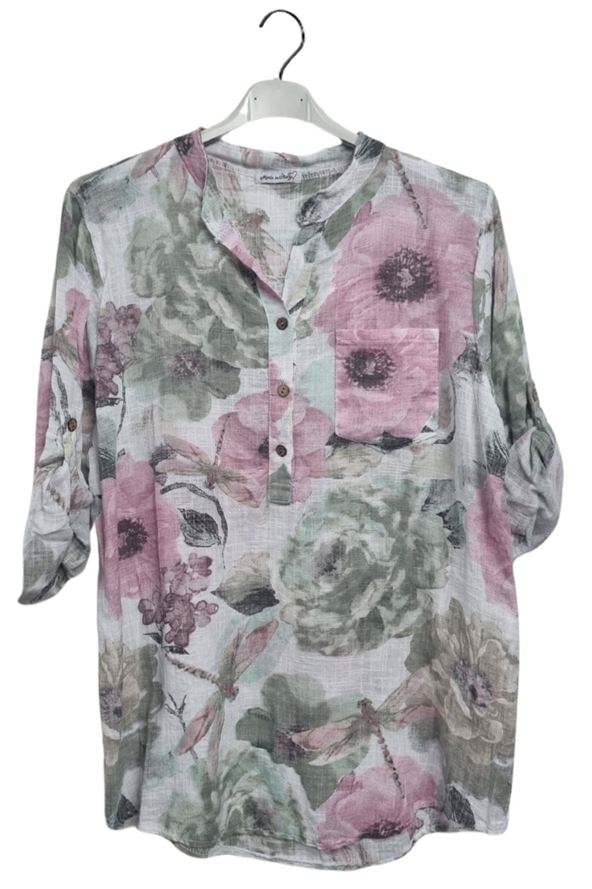 Floral Print Chest Pocket Oversized Tunic Cotton Top