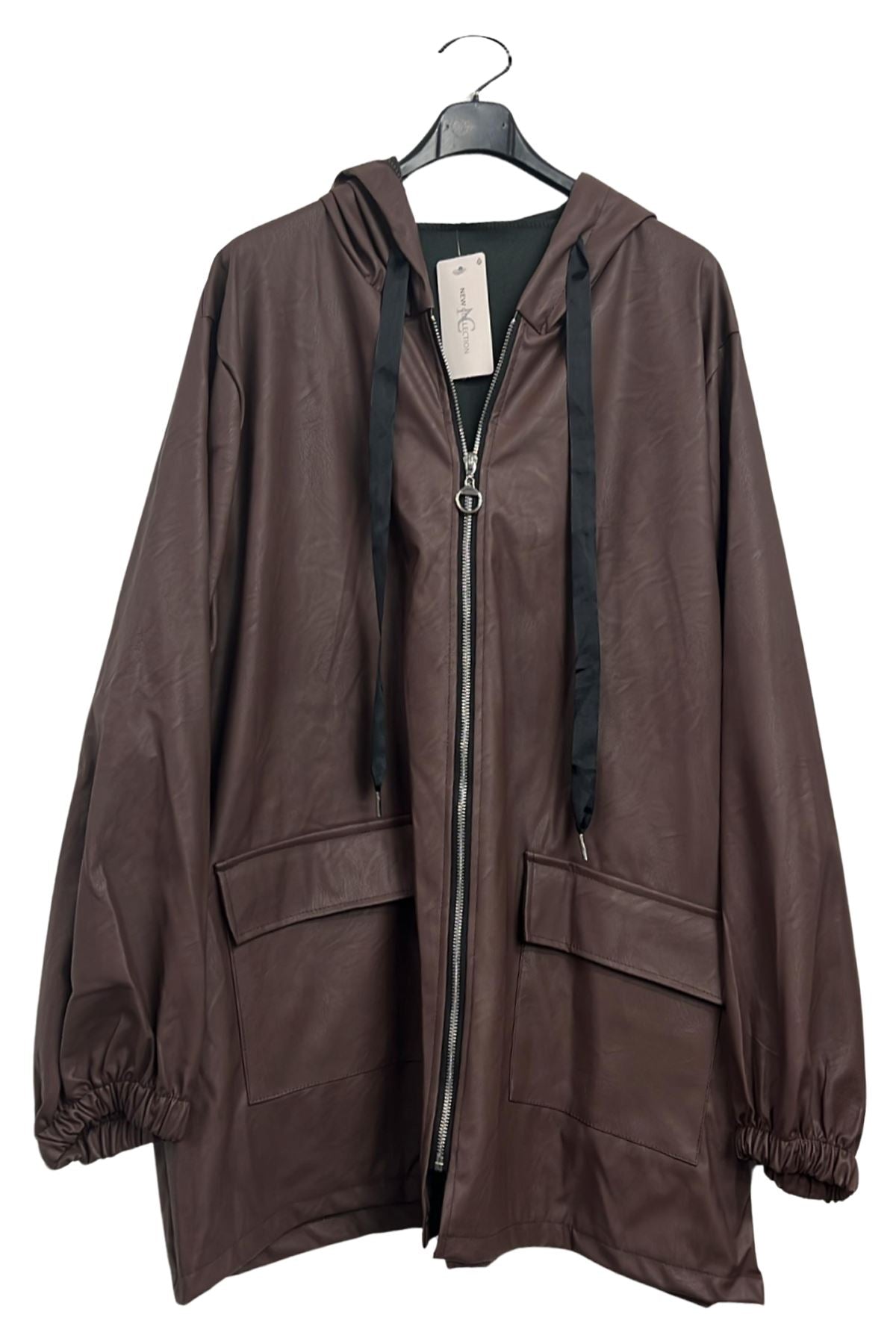 Plain Front Flap Pockets Faux Leather Hooded Jacket