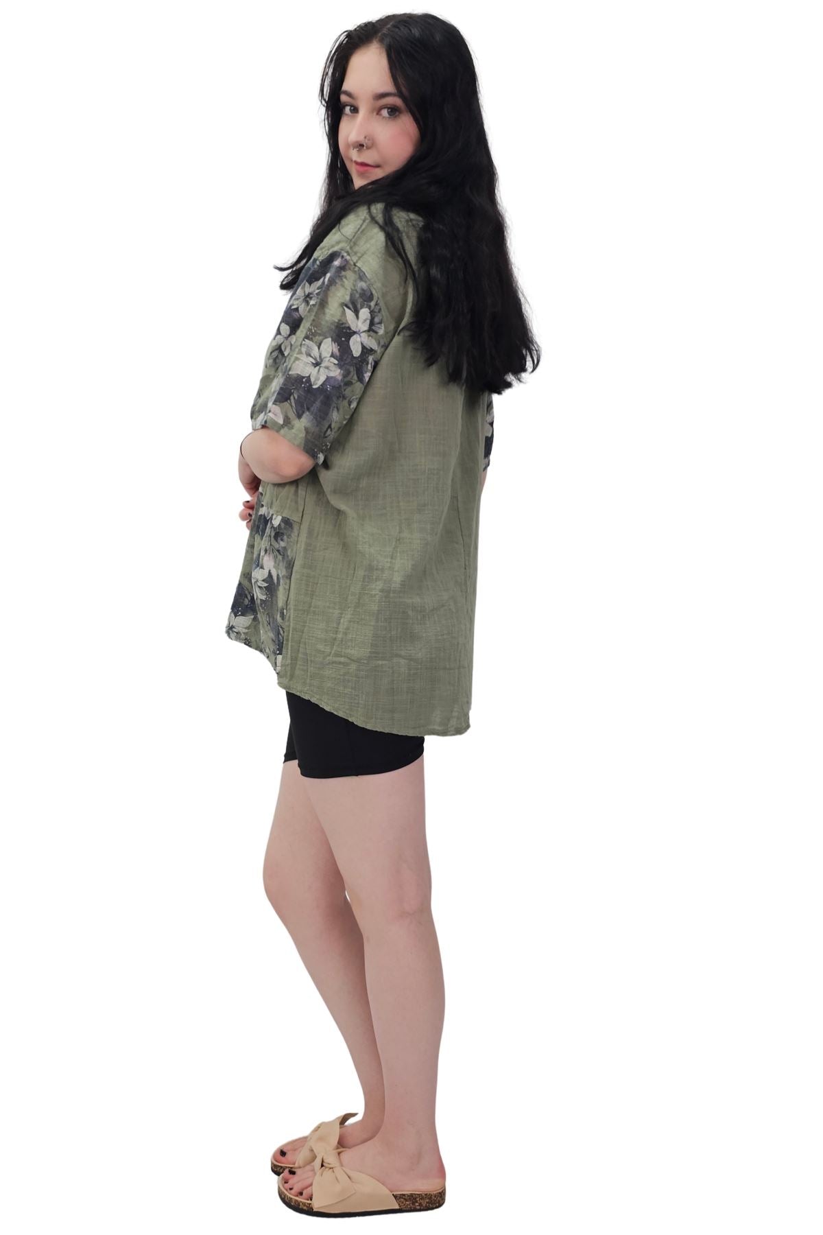 Floral Print Necklace Oversized Tunic Cotton Top
