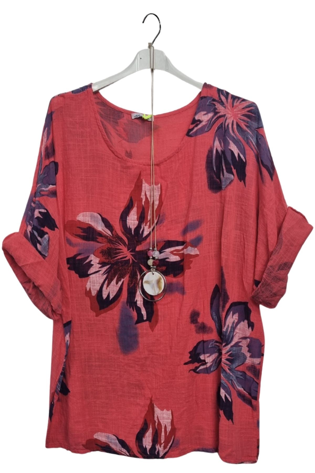 Floral Print Tunic Necklace Cotton Top