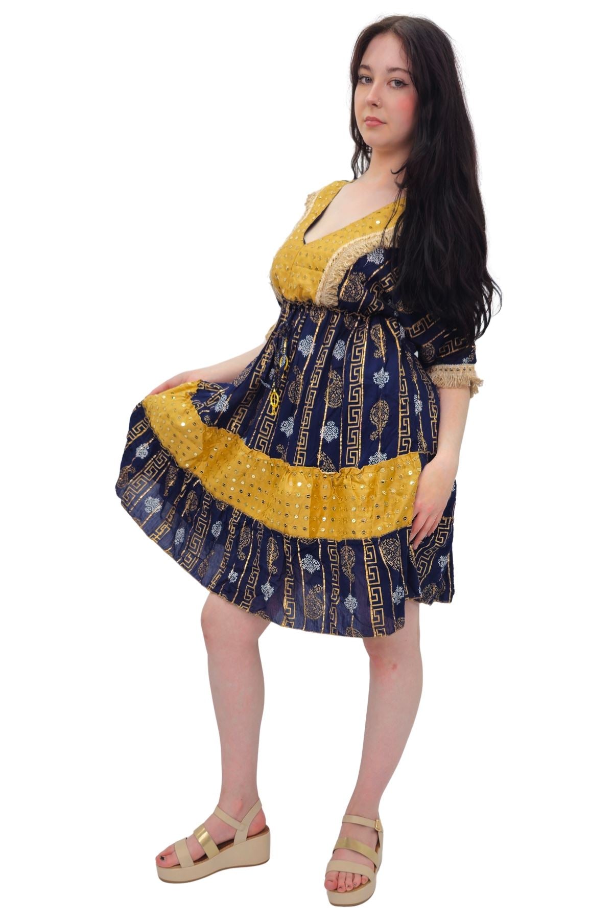 Foil Greek Key Paisley Print Lace Patch Work Dress