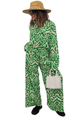 Bold Ikat Pattern Button-Up Shirt Wide Leg Co-Ord Set