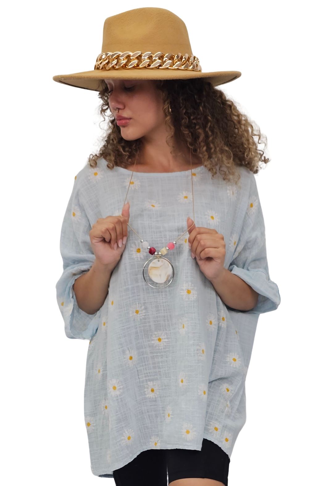 Daisy Flower Print Necklace Cotton Top
