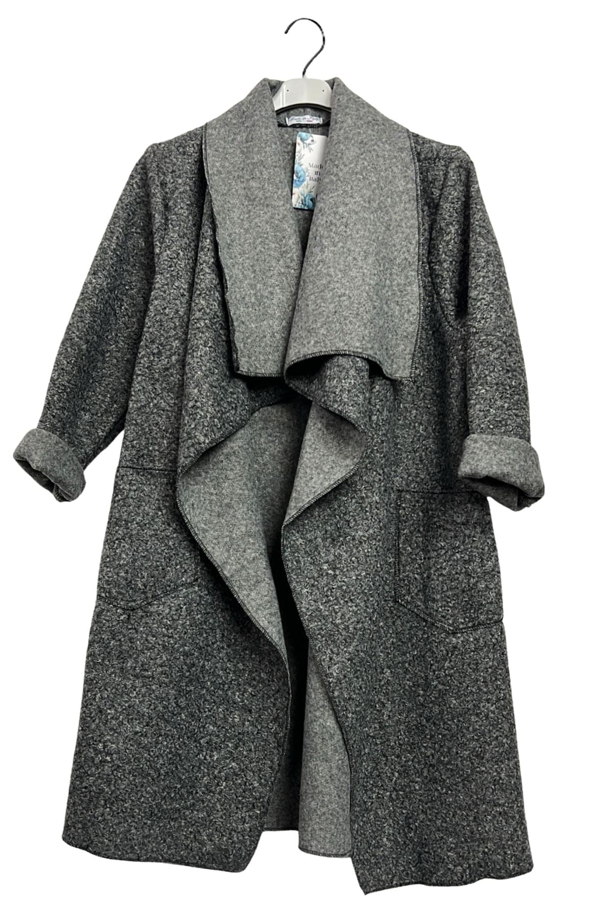 Plain Draped Coller Front Two Pockets Cotton Coat